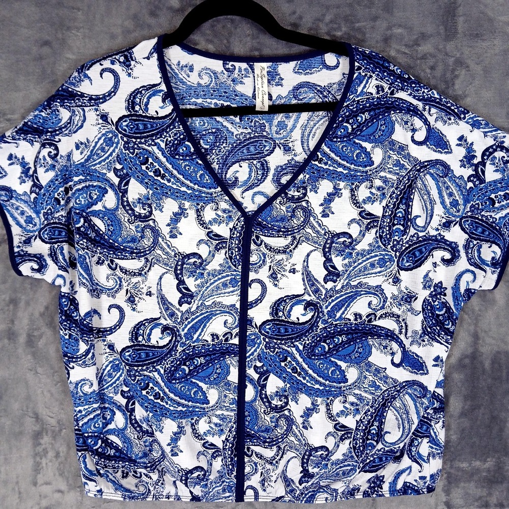 PerSeption Concept Shirt Womens XL Blue White Paisley V Neck Short Sleeve Top‎